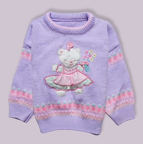 Vintage Other - 🔴 3/$8 Vintage Knit teddy Bear Embroidered Sweater- 18 months - Purple